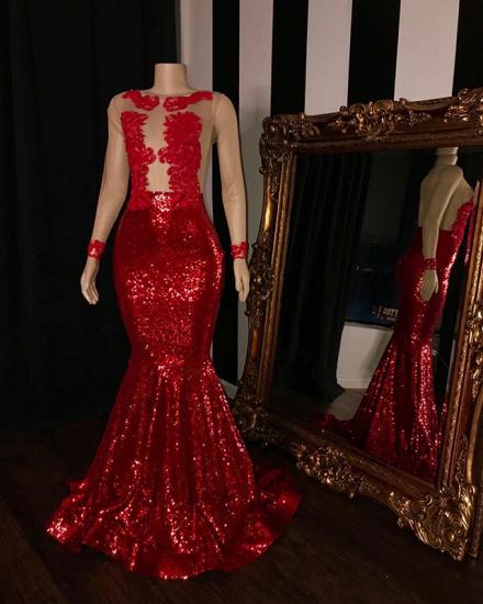 Long Sleeves Sequins Mermaid Prom Gowns | Glamorous Sheer Tulle Red Long Evening Dress_2
