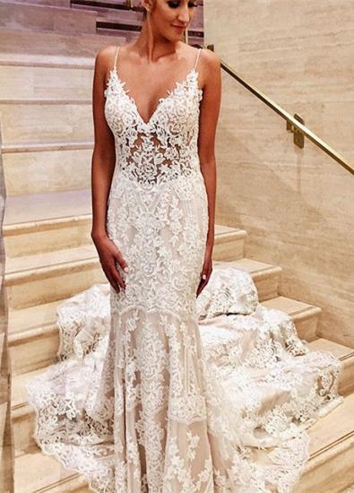 Glamorous White V-Neck Lace Mermaid Slim Wedding Bridal Dress