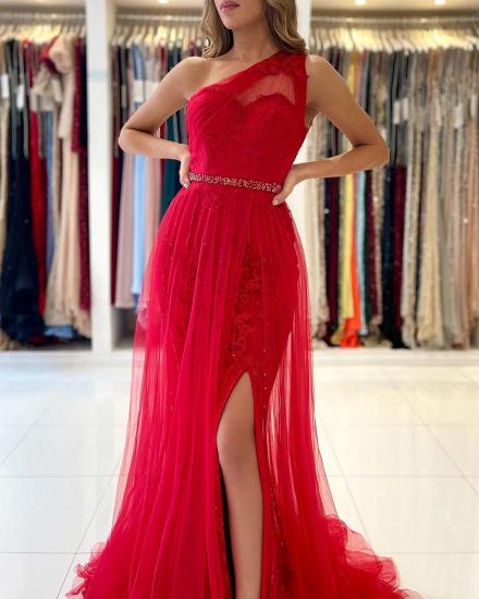 Charming One Shoulder Tulle Evening Prom Dress with detacable train side slit_4