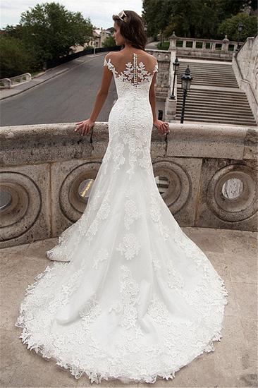 Sheath Sheer Top Wedding Dresses 2022 Lace Court Train Bridal Gowns with Buttons_2
