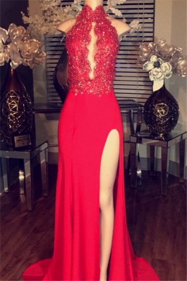 Chiffon Red Prom Lace-Appliques Dress High-neck Side-Split Sleeveless 2022