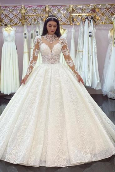 Gorgeous Long Sleeve White Lace Appliques Wedding Gown Bridal Dress_1