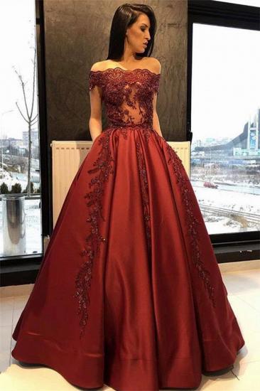 Burgundy A-Line Off Shoulder Evening Dresses | 2022 Lace Crystal Prom Dresses with Pockets