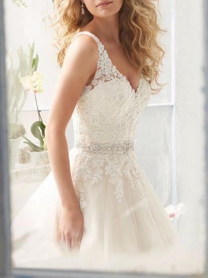A-Line Wedding Dresses V-Neck Lace Straps Bridal Gowns with Court Train_3