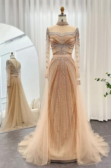 Gorgeous High Neck Beading Sequins Mermaid Evening Gown Long Sleeves Tulle Party Dress with Sweep Train_6