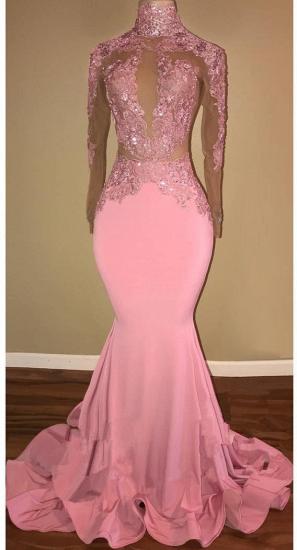 Candy Pink 2022 Long Sleeve Prom Dress Lace Mermaid Open Back Sexy Evening Gown_1