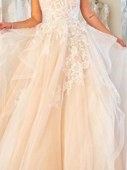 Formelles Ballkleid-Hochzeitskleid trägerlose Spitze Tüll ärmellose Brautkleider in Übergröße mit Sweep-Zug_3