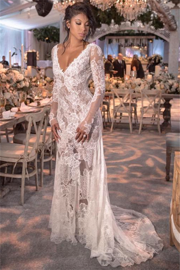 Long Sleeve Lace Wedding Dresses | Open Back See Through Wedding Gowns Online