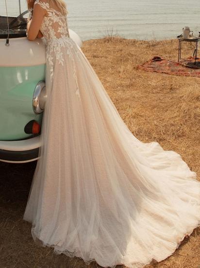 Country Plus Size A-Line Wedding Dress V-neck Lace Tulle Jersey Long Sleeve Bridal Gowns with Sweep Train_4