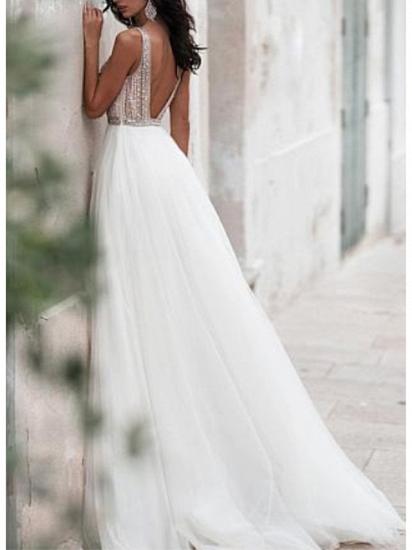 Affordable A-Line Wedding Dress V-neck Tulle Regular Straps Bridal Gowns with Sweep Train_2
