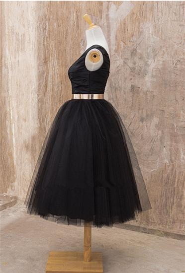 Black One Shoulder Tea Length Prom Dress with Gold Belt Latest Tulle Simple Homeccoming Dress_2
