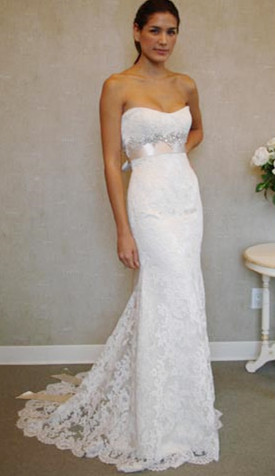 Empire Sexy White Lace Langes Hochzeitskleid Beliebte Crystal Bowknot Sweep Train Brautkleider