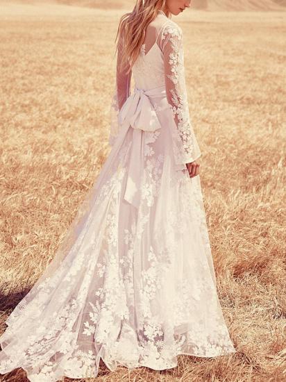 Beach A-Line Jewel Wedding Dress Lace Long Sleeve Bridal Gowns with Sweep Train_4
