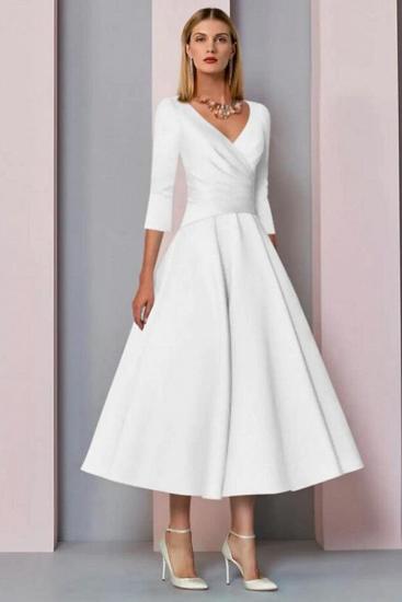 Simple V Neck Long Sleeve Short Satin Wedding Dresses_2