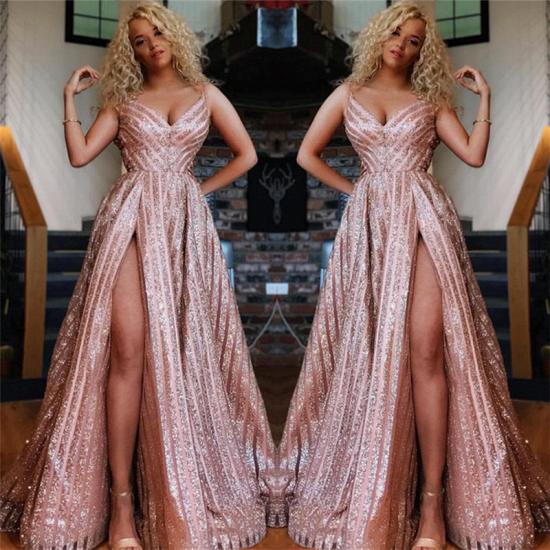 Sparkly Champagne Pink Pailletten Ballkleider Günstige | Sexy Abendkleider mit geteilten Spaghettiträgern 2022_3