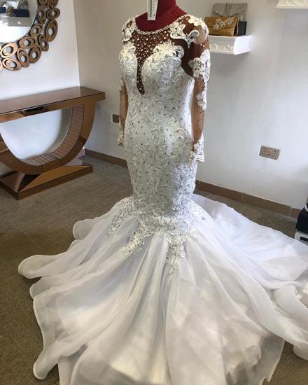 Beading Mermaid Sheer Tulle Wedding Dress| Appliques Long Sleeve Bridal Dress_2