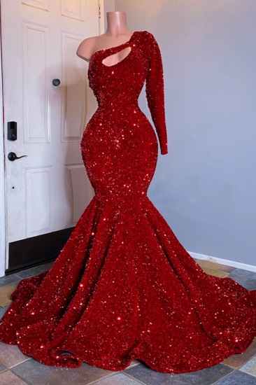 Unique One-shoulder long sleeves Sparkle Red keyhole Prom Dress