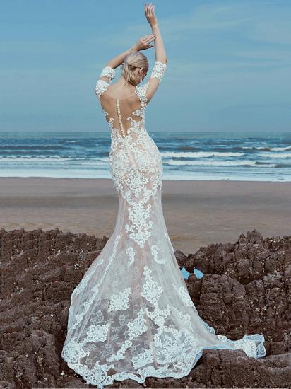 Beautiful Mermaid Wedding Dress Scoop Lace Tulle Half Sleeve Bridal Gowns with Sweep Train