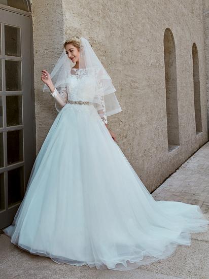 Beautiful Ball Gown Wedding Dress Bateau Lace Tulle Long Sleeves Bridal Gowns with Chapel Train_10