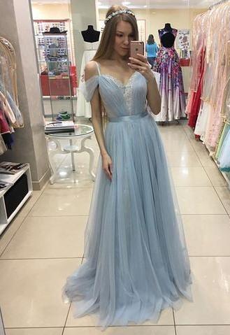 A-line Sweep Train Baby Blue Formal Dress 2022 Cap Sleeves Beautiful Straps Tulle Prom Dress 2022