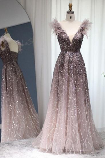 Luxury Glitter Sequins Aline Evening Party Dress V-Neck Fur Floor-Length Formal Dresses_6