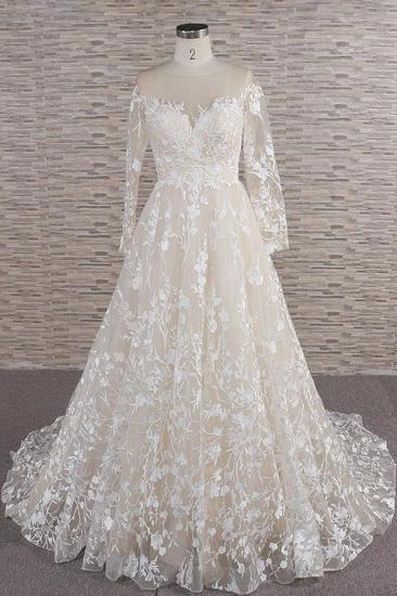 Glamorous Jewel Longsleeves Champagne Wedding Dress | A-line Lace Bridal Gowns With Appliques_1