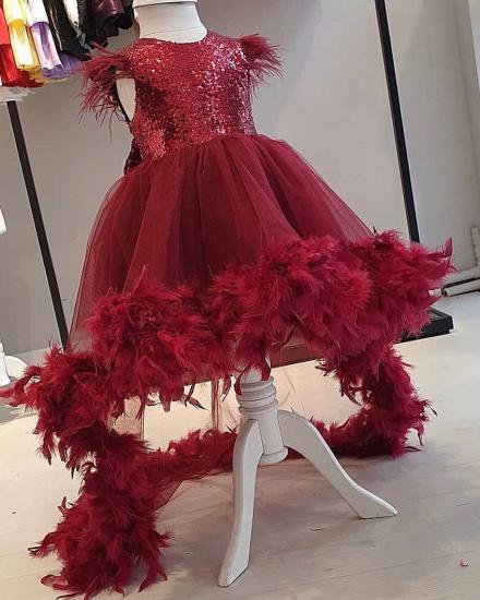 Pretty Asymmetric Burgundy Jewel neck Flower Girl Dresses with Feathers | Luxury High Low Sparkly Little Girls Sequins Dress_2