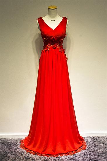 Applique Red V-neck Chiffon Sexy Evening Dress A-line Charming Sheer Back Sweep Train Party Dresses