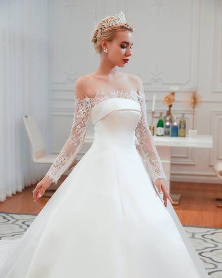 Romantic Lace Long Sleeves Princess Satin Wedding Dress | Princess Bridal Gowns with Cathedral Train_23