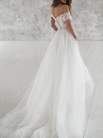 Beach  Boho A-Line Wedding Dress Off Shoulder Lace Tulle Short Sleeve Sexy See-Through Bridal Gowns with Sweep Train_3