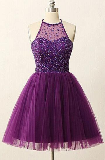 Purple Halter Crystal Mini Dresses A-Line Tulle 2022 Homecoming Gowns_2