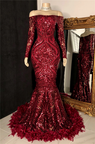 Off The Shoulder Burgundy Prom Dresses with Feather | Long Sleeve Sparkle Lace Mermaid Evening Gowns_1