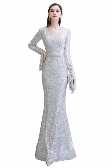 Elegant Sparkle Sequined Burgundy Long sleeve V-neck Mermaid Long Prom Dress_2