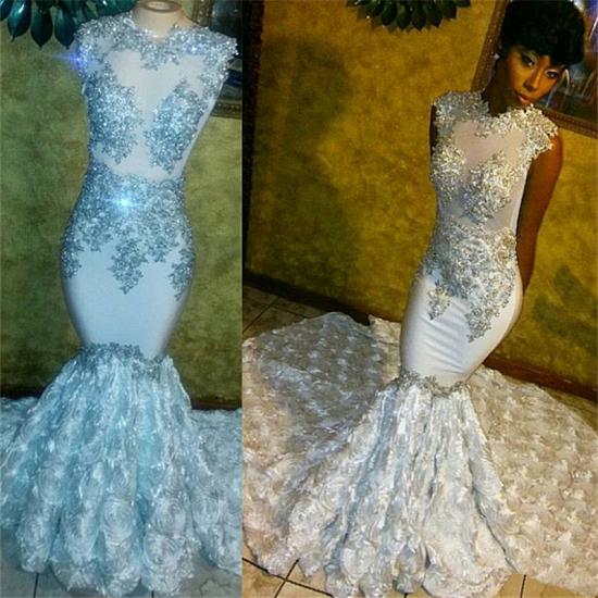 Beaded Lace Appliques White Prom Dresses | Mermaid Flowers Sleeveless Sparkle Evening Gown_3