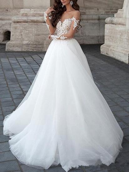 Charming Off The Shoulder White Tulle Backless Wedding Dresses With Lace Appliques_2