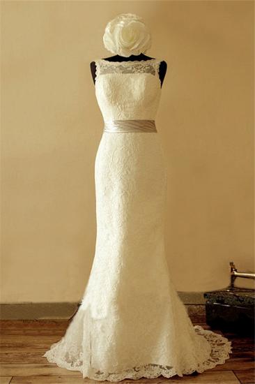 Bateau Full Lace 2022 Elegant Wedding Dress Sleeveless Sheath Bridal Gowns with Ribbon Sash_1