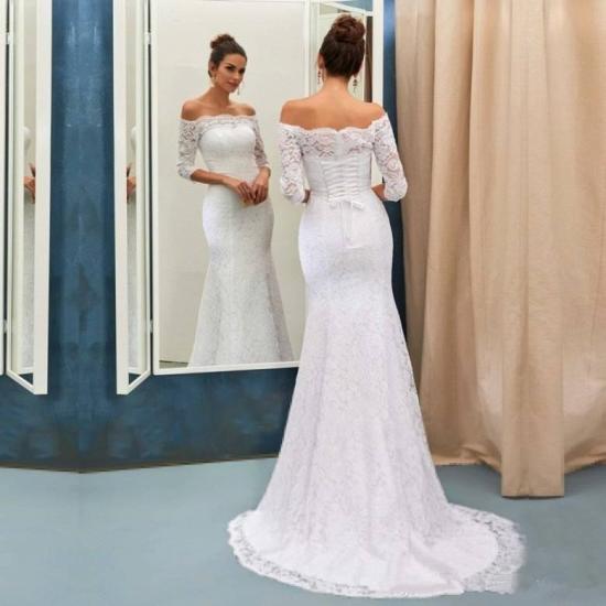 Mermaid Off-the-Shoulder Lace Wedding Dress Long Sleeves Sweep Train Bridal Gowns_2