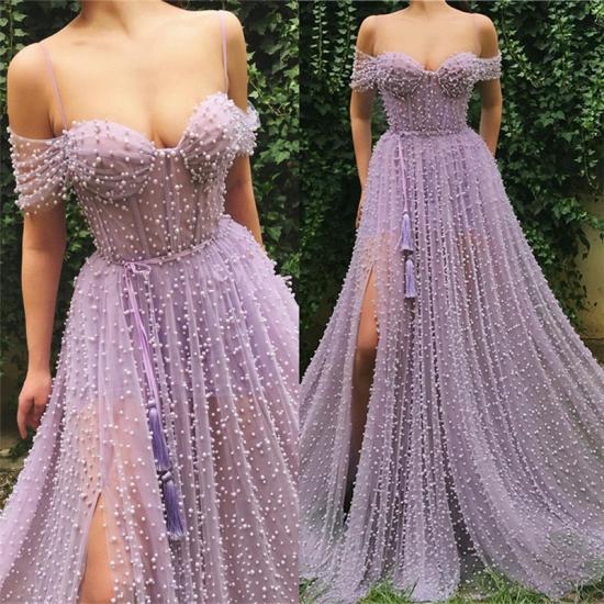 Exquisite Tulle Pearls Off the Shoulder Prom Dress | Sexy Sweetheart Front Slit Long Affordable Prom Dress_3