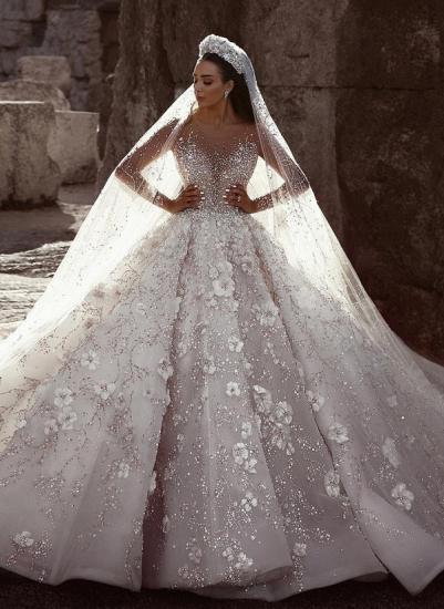 Luxury Beading Floral Bridal Gowns | Sheer Neck Long Sleeves Ball Gown Wedding Dresses