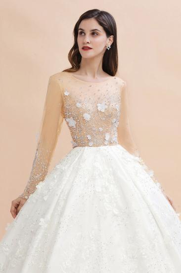 Charmantes Hochzeitskleid mit floralen Spitzenapplikationen Wunderschönes weißes Perlen-Brautkleid_9