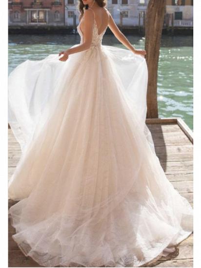 Boho See-Through A-Line Wedding Dress V-Neck Tulle Charmeuse Spaghetti Strap Bridal Gowns Court Train_2