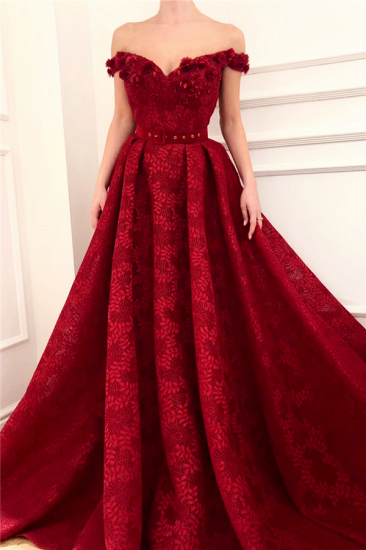Off The Shoulder Ruby Lace Evening Dresses | Sexy Beading Appliques Flowers Prom Dresses_1