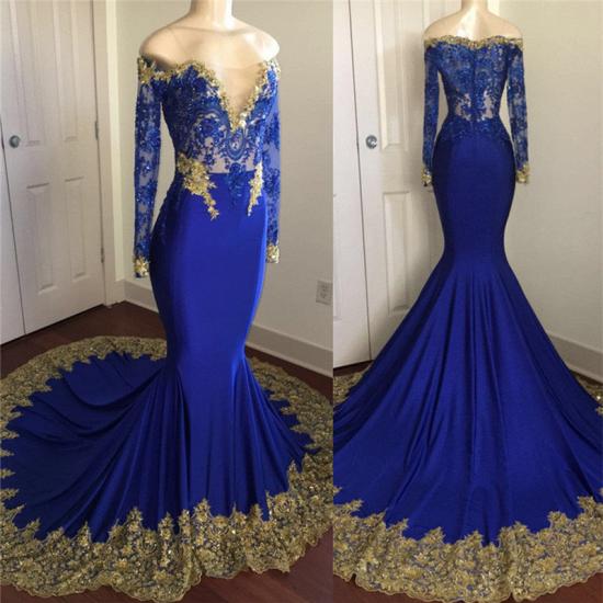 Off The Shoulder Royal Blue Prom Dresses | Gold Lace Appliques Sexy Evening Dress with Sleeve_3