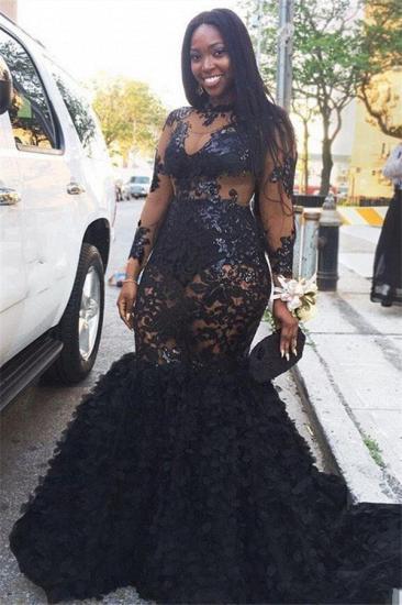 Long Sleeves Appliques Prom Dresses | Long Black Mermaid Evening Dresses