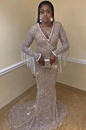 Sparkling Sequins Long Sleeve Prom Dresses | V-neck Tassels Sheath Silver Formal Evening Gowns Cheap