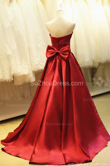 Elegant Strapless Red Satin Long Prom Dresses for Juniors Affordable Fitted Simple Lace-up Evening Dreses with Bowknot B_2