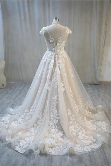 Gorgeous Cap Sleeves 3D Floral A-line Tulle Wedding Gown_2