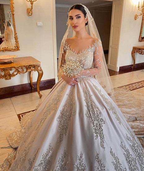 Gorgeous Long Sleeves V-neck Floral Appliques Princess Ball Gown_5
