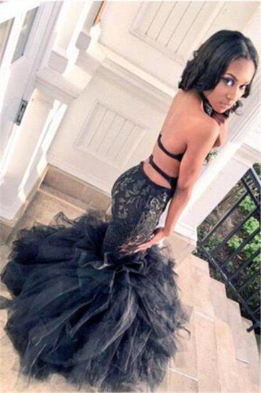 Hot Black Trumpet Lace Tulle Backless Ruffles Prom Dress_3