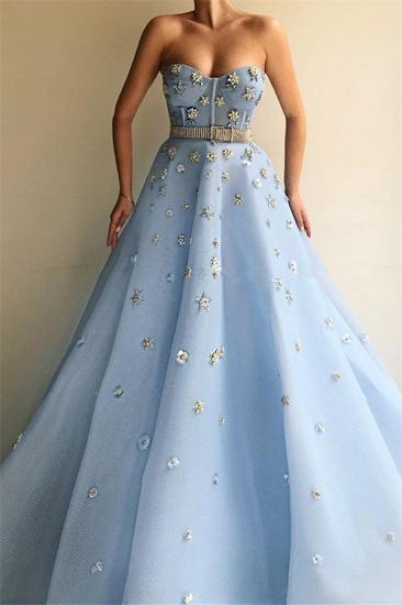 Stilvolle trägerlosen Schatz Perlen Blumen Abendkleid | Schickes blaues Tüll langes billiges Abendkleid mit Sicke Schärpe